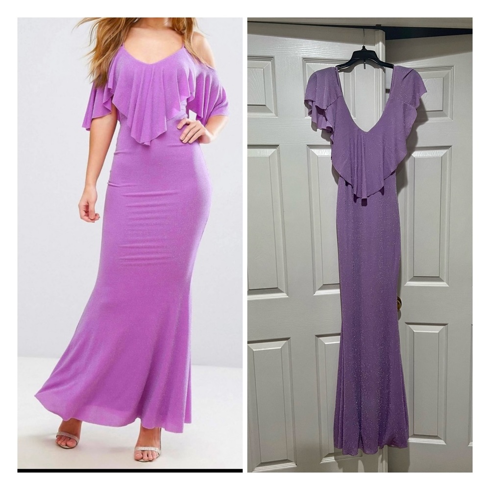 Purple silver cold shoulder‎ Metallic Maxi Formal Prom Wedding Guest Dress 8